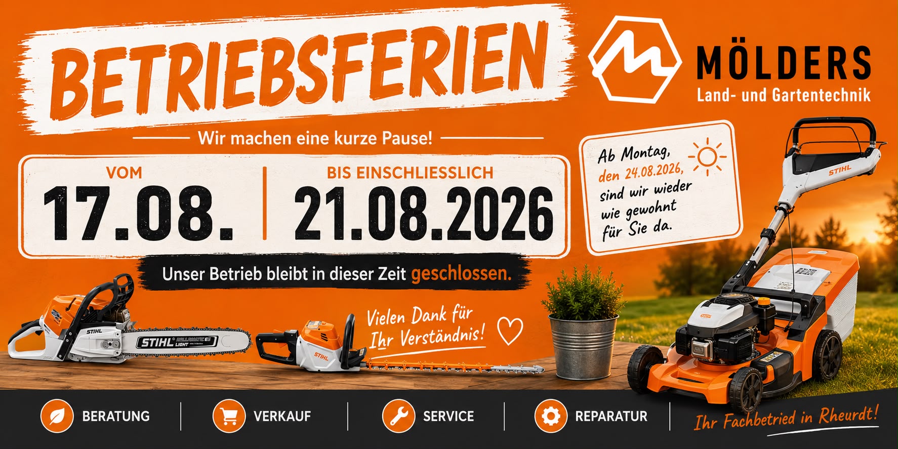 Betriebsferien vom 17.08. bis 21.08.2026
