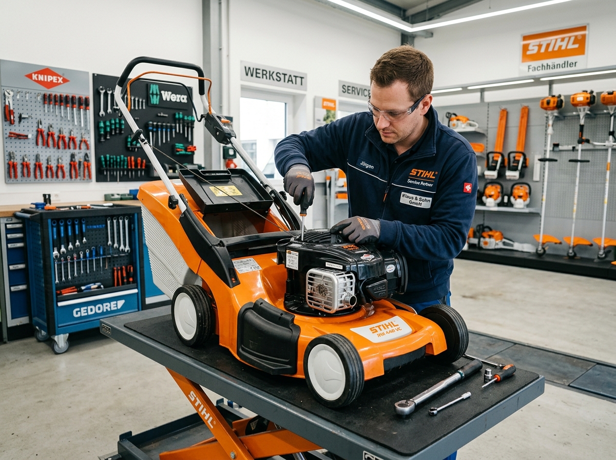 Reparaturen von Gartengeräten (Symbolbild KI-generiert)